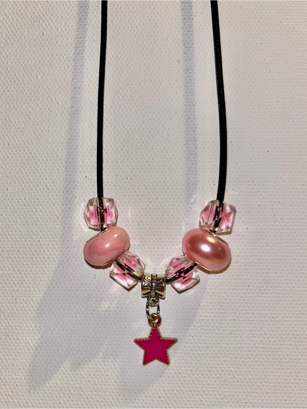 Pink Enamel Star Pendant Necklace w/Pink Faceted & Shimmery Glass Beads